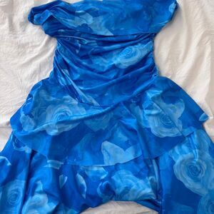 SHEIN Royal Blue Flower Off the Shoulder Medium Ruffle Rose Women's Blue Dress